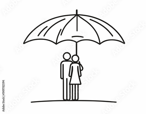 Thin outline icon people stand under umbrella. Such line sign as insurance family health, protection and safety. Vector isolated pictogram on white background editable stroke.