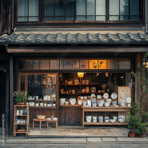 small artisanal shop front in Inuyama City, with handmade pottery and ceramics neatly arranged outside, offering a glimpse into the craft culture of the city