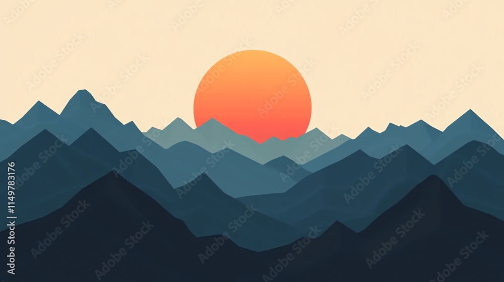 Obraz premium A low-poly mountain range with a large orange sun in the background.
