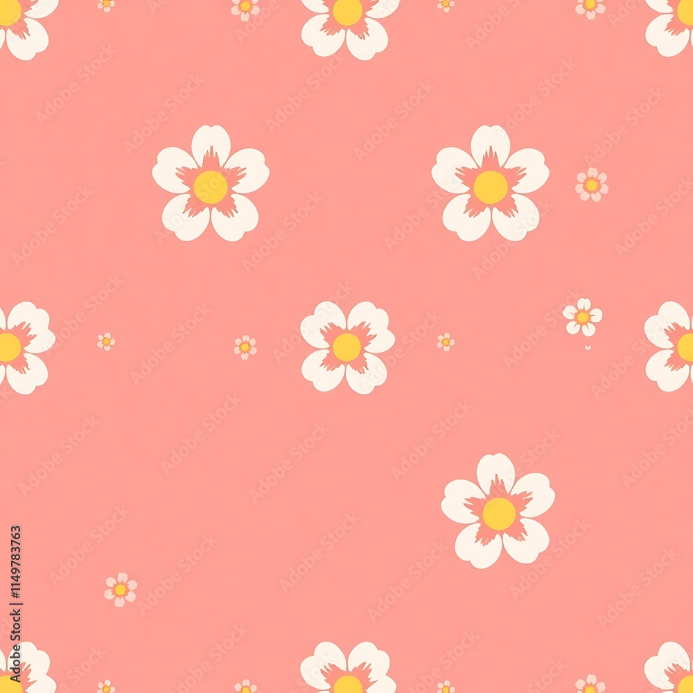 Pretty Pink Floral Pattern: A charming seamless pattern featuring delicate white flowers with yellow centers on a soft pink background. Perfect for textile designs, wallpapers. Pretty Pink Floral Pattern: A charming seamless pattern featuring delicate white flowers with yellow centers on a soft pink background. Perfect for textile designs, wallpapers.