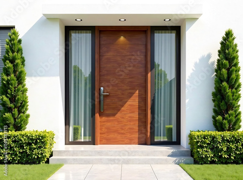 Modern entrance, simple wooden front door, simple white house facade with brown natural wood door photo