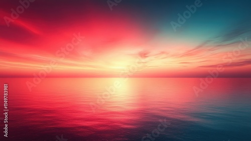 Vibrant sunset over calm ocean waters, reflecting fiery colors in the sky and sea.