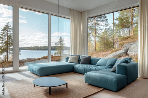 Modern living room with a scenic view of lake and forest contemporary interior design serene environment natural light tranquility concept