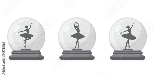 Snow globe set with ballet dancers flat illustration isolated on white background