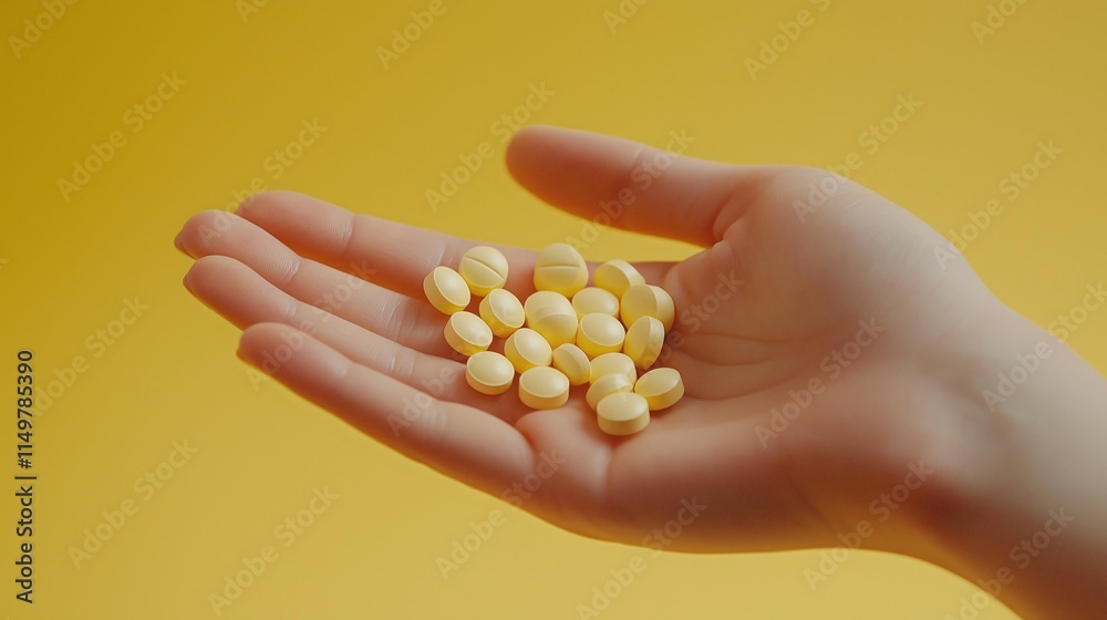 A delicate hand takes vibrant yellow pills from a soft palm, evoking a sense of care and focus on well-being against a cheerful golden background A delicate hand takes vibrant yellow pills from a soft palm, evoking a sense of care and focus on well-being against a cheerful golden background