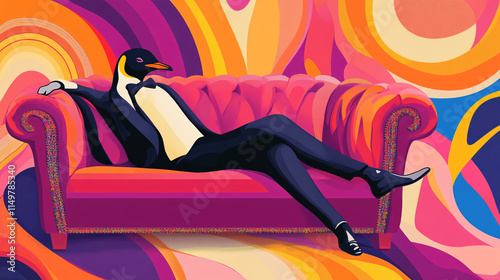 A dapper penguin in formal attire, lounging on a stylish couch, with bright, swirling shapes symbolizing adaptability and charm in a corporate setting.  photo