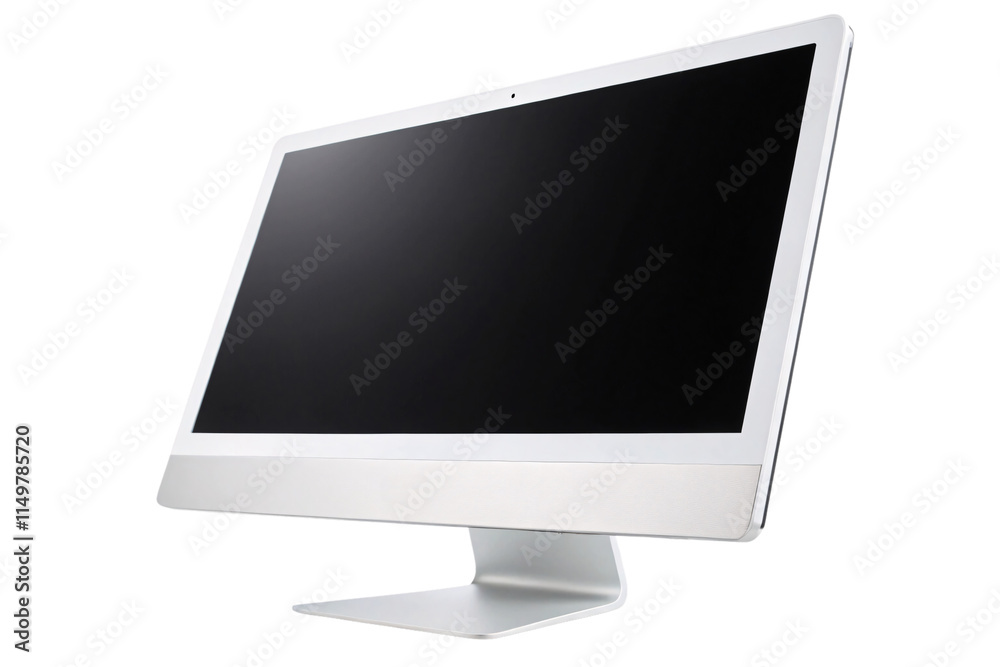 A minimalist desktop monitor with a sleek silver frame and a blank black screen, showcasing elegant and modern technology aesthetics, isolated on a transparent background A minimalist desktop monitor with a sleek silver frame and a blank black screen, showcasing elegant and modern technology aesthetics, isolated on a transparent background
