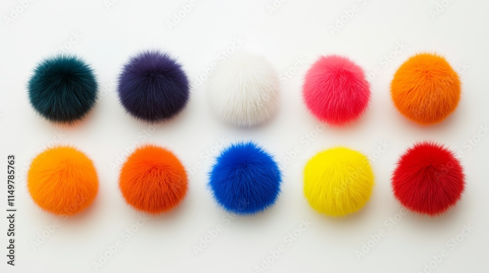 Row of fuzzy balls of different colors and sizes. The colors include blue, orange, yellow, and green Row of fuzzy balls of different colors and sizes. The colors include blue, orange, yellow, and green