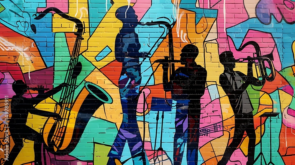 Artistic outline of ethnically diverse individuals playing musical instruments against a colorful graffiti wall backdrop Artistic outline of ethnically diverse individuals playing musical instruments against a colorful graffiti wall backdrop
