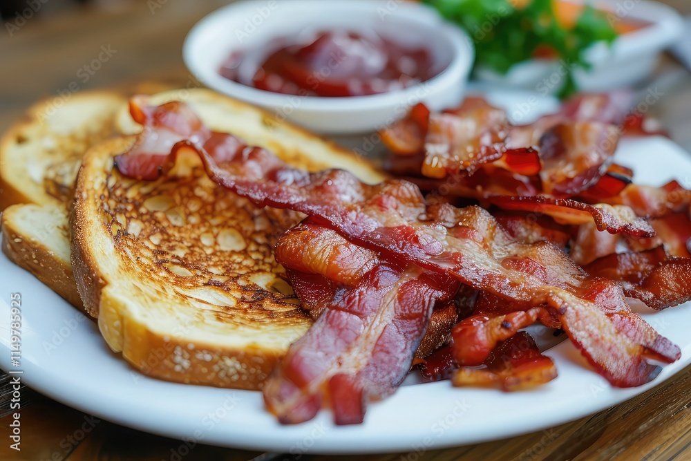 Delicious plate of crispy bacon with toast Delicious plate of crispy bacon with toast