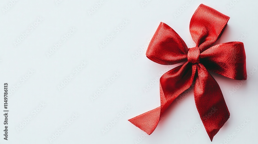 Against a white background, a shiny red gift bow with a textured ribbon loop adds a pop of color. Against a white background, a shiny red gift bow with a textured ribbon loop adds a pop of color.