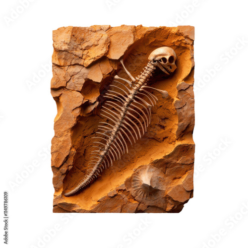 A fossilized fish skeleton embedded in rock, showcasing intricate bone structure and a well-preserved skull.