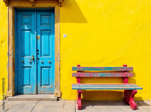 vibrant yellow wall with rustic wooden door and colorful bench