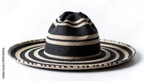 A traditional sombrero vueltiao woven with black and white palm fibers, resting on a clean white background, illuminated by soft lighting  photo