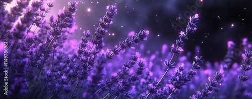 Enchanting Lavender Field Bathed in Ethereal Purple Glow Under Starry Night Sky