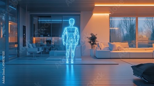 An AI digital assistant visualized as a glowing, holographic figure in a futuristic home, ultramodern style