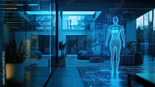 An AI digital assistant visualized as a glowing, holographic figure in a futuristic home, ultramodern style