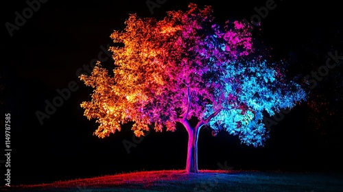 A large glowing tree illuminated with vibrant lights, standing out vividly against a black background photo