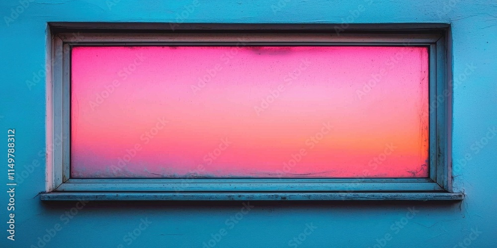 Fototapeta premium Colorful sunset view through a window frame against a blue wall.