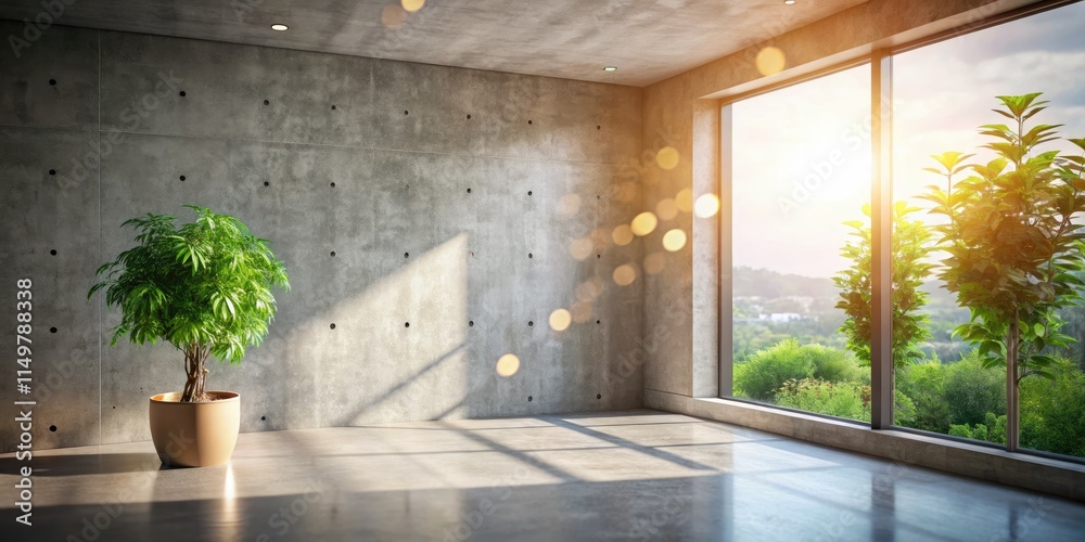 Fototapeta premium Sunlit minimalist concrete room, showcasing plants, bokeh effect.