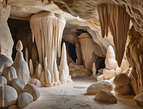 A limestone cave featuring intricate stalactites and stalagmites, natural beige and cream tones, detailed textures, and soft ambient light highlighting the rock formations,generative ai photo