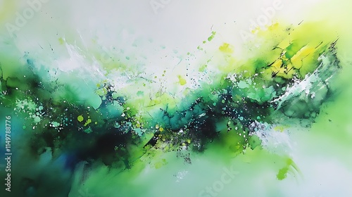 A soothing watercolor painting featuring abstract green hues, with vibrant splashes and gentle strokes photo