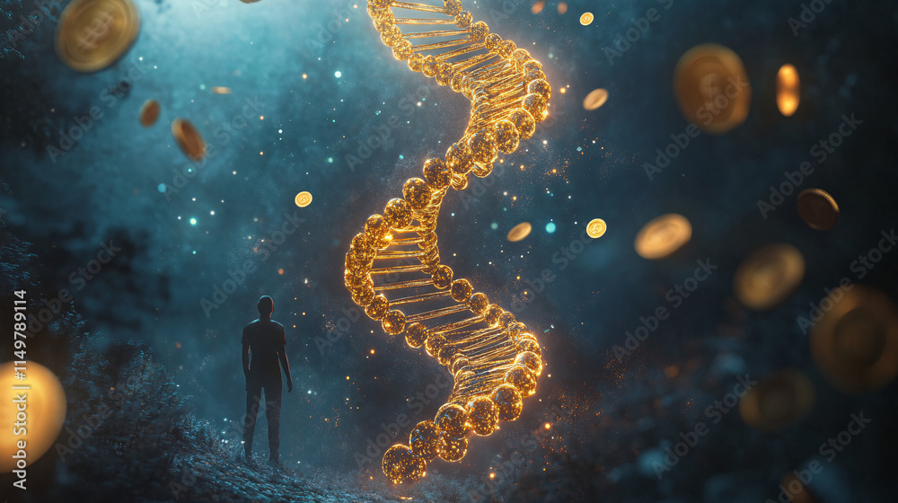 A DNA helix intertwined with golden coins, symbolizing the connection between innovation in medicine and financial growth, while a figure observes in awe. A DNA helix intertwined with golden coins, symbolizing the connection between innovation in medicine and financial growth, while a figure observes in awe.