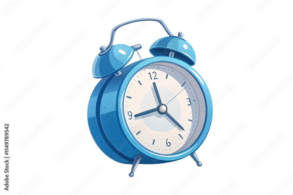 An illustrated blue alarm clock with a simplistic design, conveying charm and a whimsical approach to time management, isolated on a transparent background An illustrated blue alarm clock with a simplistic design, conveying charm and a whimsical approach to time management, isolated on a transparent background