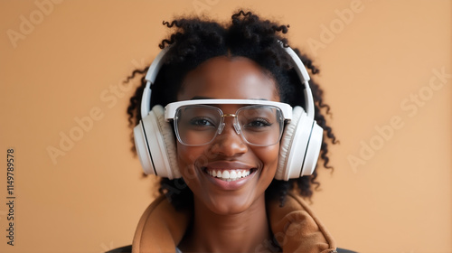 Smiling black woman with curly hair wearing oversized glasses and headphones enjoys music in a bright, minimalistic setting