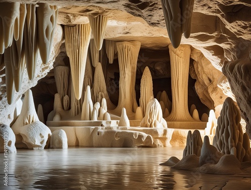 A limestone cave featuring intricate stalactites and stalagmites, natural beige and cream tones, detailed textures, and soft ambient light highlighting the rock formations,generative ai photo