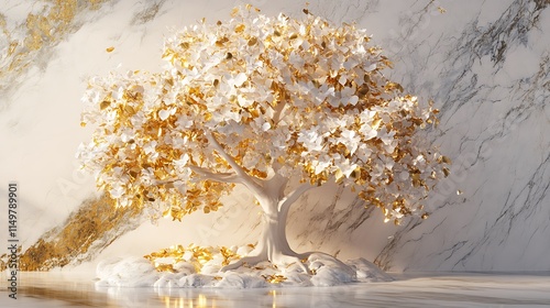 A white tree adorned with radiant golden leaves set against a marble-textured landscape for a sophisticated 3D design photo