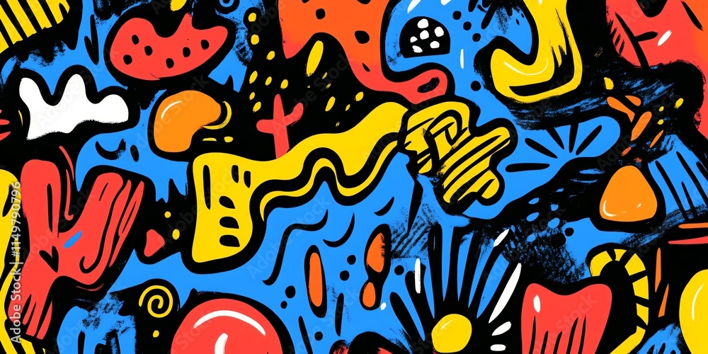 Abstract doodle pattern with yellow, red, and blue colors. Abstract doodle pattern with yellow, red, and blue colors.