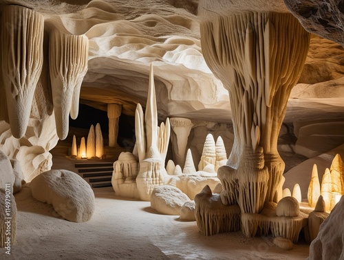 A limestone cave featuring intricate stalactites and stalagmites, natural beige and cream tones, detailed textures, and soft ambient light highlighting the rock formations,generative ai photo