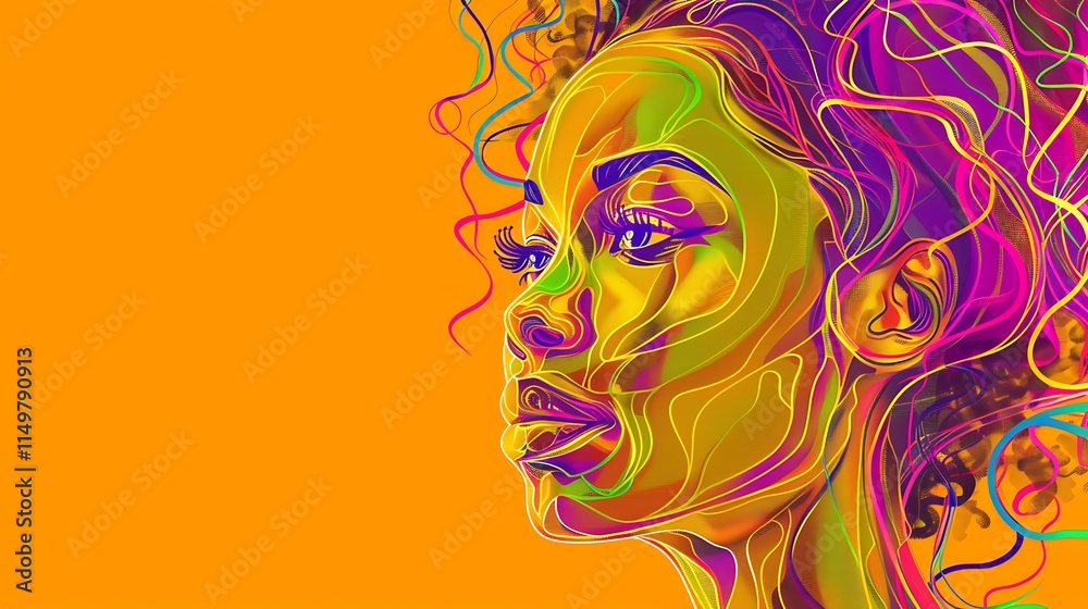 Brightly colored outline of a diverse woman's portrait on a vibrant orange background. Brightly colored outline of a diverse woman's portrait on a vibrant orange background.