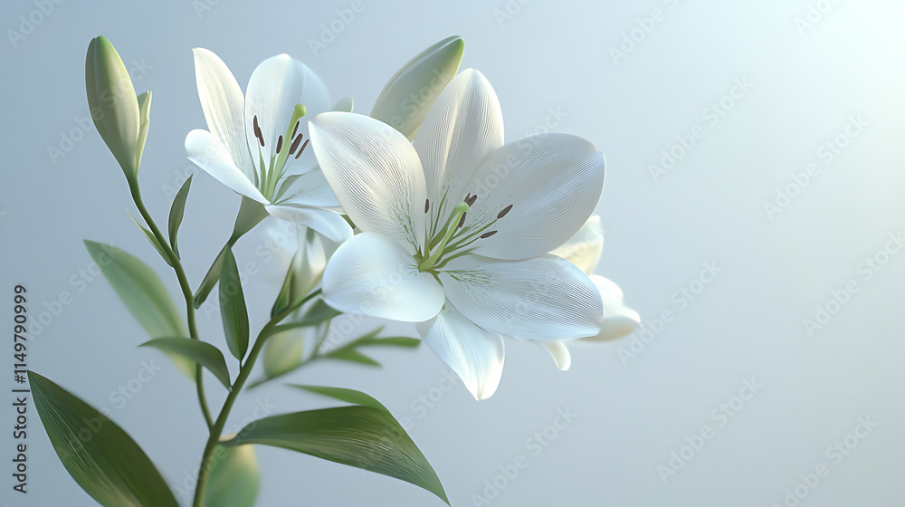 White Lily in Bloom: Delicate white lilies, with their pristine petals and lush green leaves, are captured in a close-up shot against a soft, blue background, creating a serene and elegant scene. White Lily in Bloom: Delicate white lilies, with their pristine petals and lush green leaves, are captured in a close-up shot against a soft, blue background, creating a serene and elegant scene.