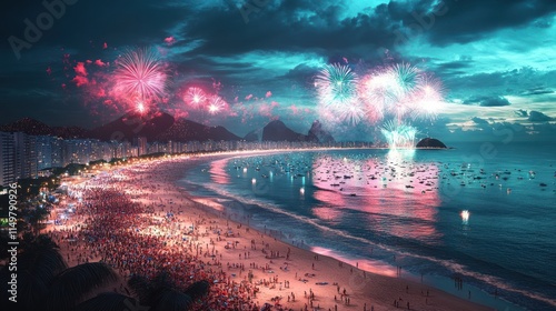 Night beach fireworks display over cityscape.