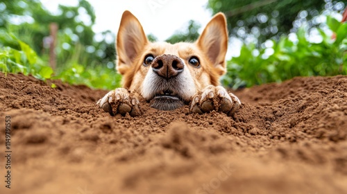 A curious dog digs in the garden, peering over freshly turned soil, with its ears perked and nose close to the ground.