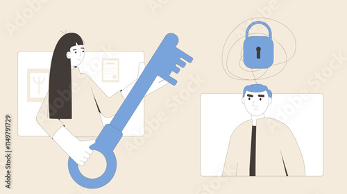 Man psychotherapy. Online counseling session. Character with anger problem talking with psychologists. Client with depression. Key and lock mental health support metaphor. Vector illustration.