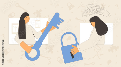 Gestalt psychotherapy. Online counseling session with psychiatric. Stressed character talking with psychologists. Key and lock mental health support metaphor. Vector concept outline flat illustration.