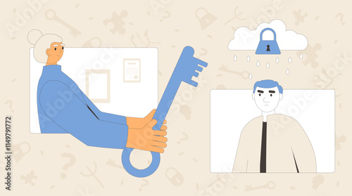 Psychotherapy. Online counseling session with psychiatric. Stressed character talking with psychologists. Key and lock mental health support metaphor. Vector concept outline flat illustration.