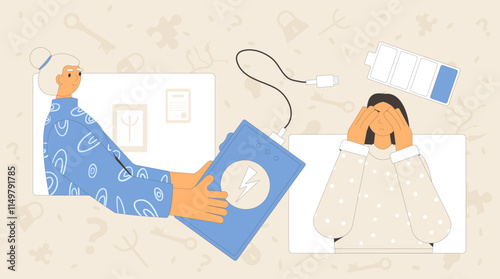 Burnout cbt psychotherapy. Online counseling session. Tired character with psychologists. Client with depression and empty battery indicator with powerbank metaphor. Vector concept illustration.
