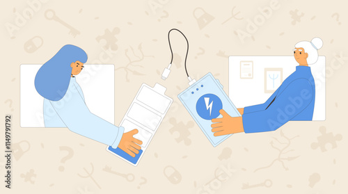 Emotional burnout therapy. Online counseling session with psychiatric. Tired female character support. Client with depression and empty battery indicator. Vector concept outline flat illustration.