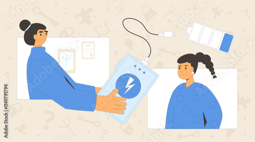 Burnout woman online therapy. Online counseling session with psychiatric. Tired female character charge with psychologists. Client with depression. Vector concept outline flat illustration.