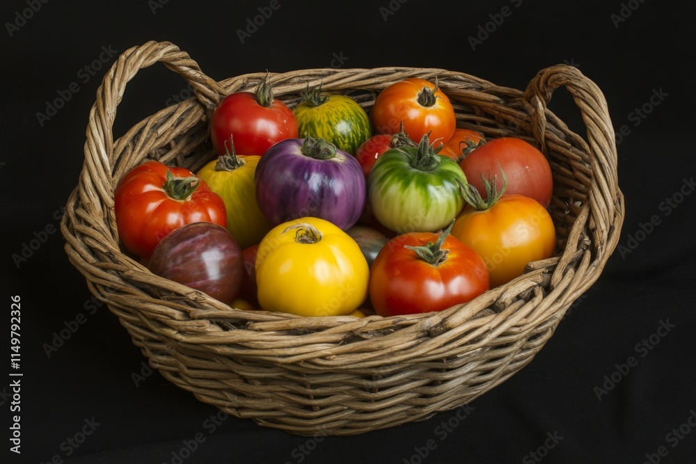 Colorful Tomatoes in a Wicker Basket Colorful Tomatoes in a Wicker Basket