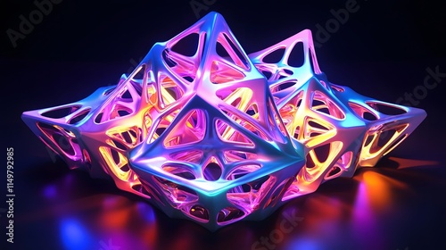 Innovative 3d geometric sculpture digital art studio abstract design neon glow close-up view modern aesthetics photo