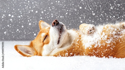 A playful corgi enjoys a snowy day, lying on its back with snowflakes gently falling around it. photo