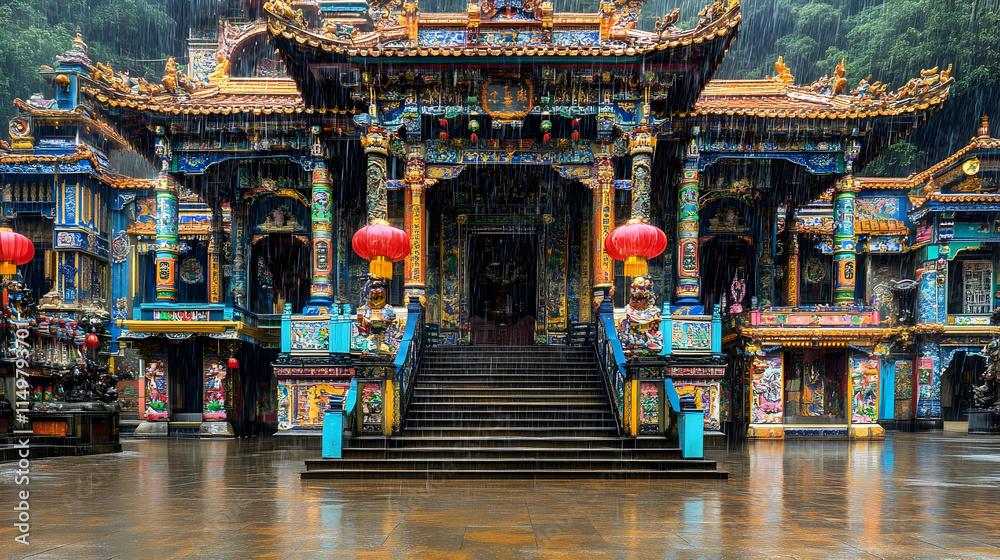 Fototapeta premium Rain-Soaked Temple Illustration