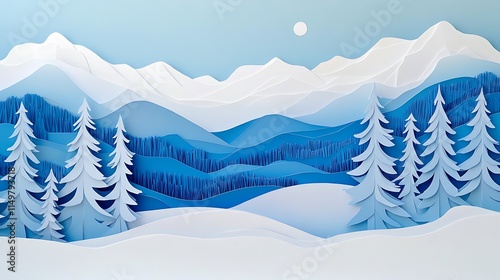 Serene winter landscape crafted in a layered paper art style, emphasizing depth and calmness photo