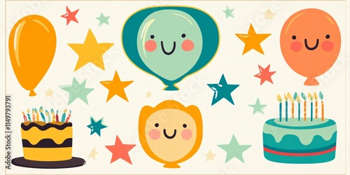 Cute Cartoon Birthday Party Balloons Cakes Stars