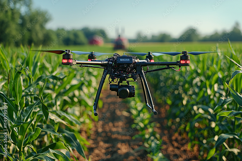 A close-up shot of a precision agriculture drone flying over a cornfield, capturing data and monitoring crop health. The drone hovers just above the plants A close-up shot of a precision agriculture drone flying over a cornfield, capturing data and monitoring crop health. The drone hovers just above the plants